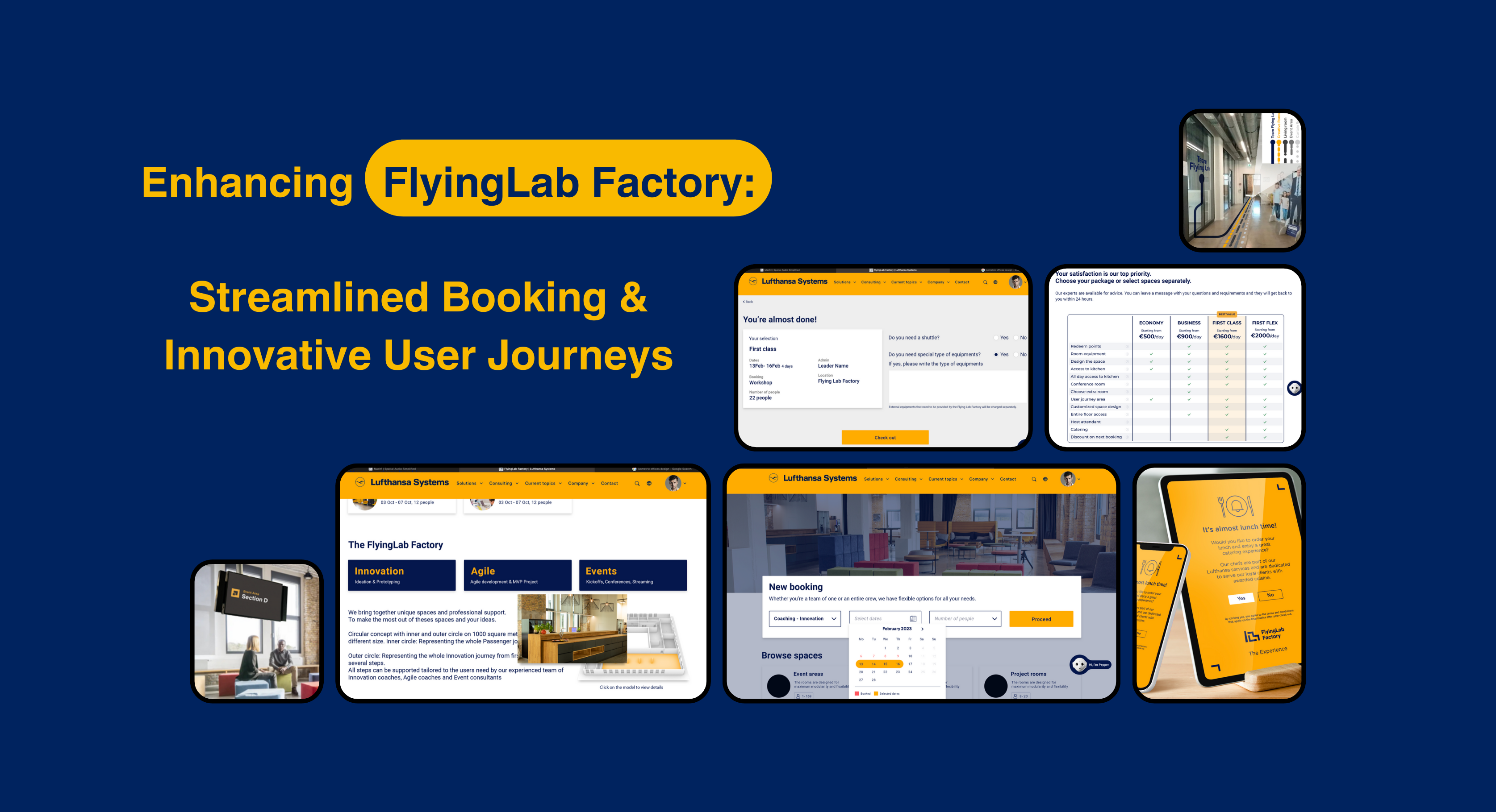 Screens of UI related to Lufthansa's innovation space